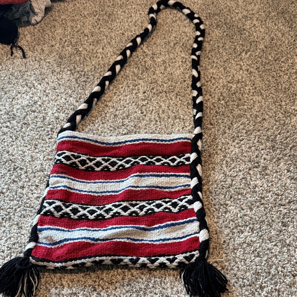 Handwoven Red & Black Striped Crossbody Bag - Boho Shoulder Purse